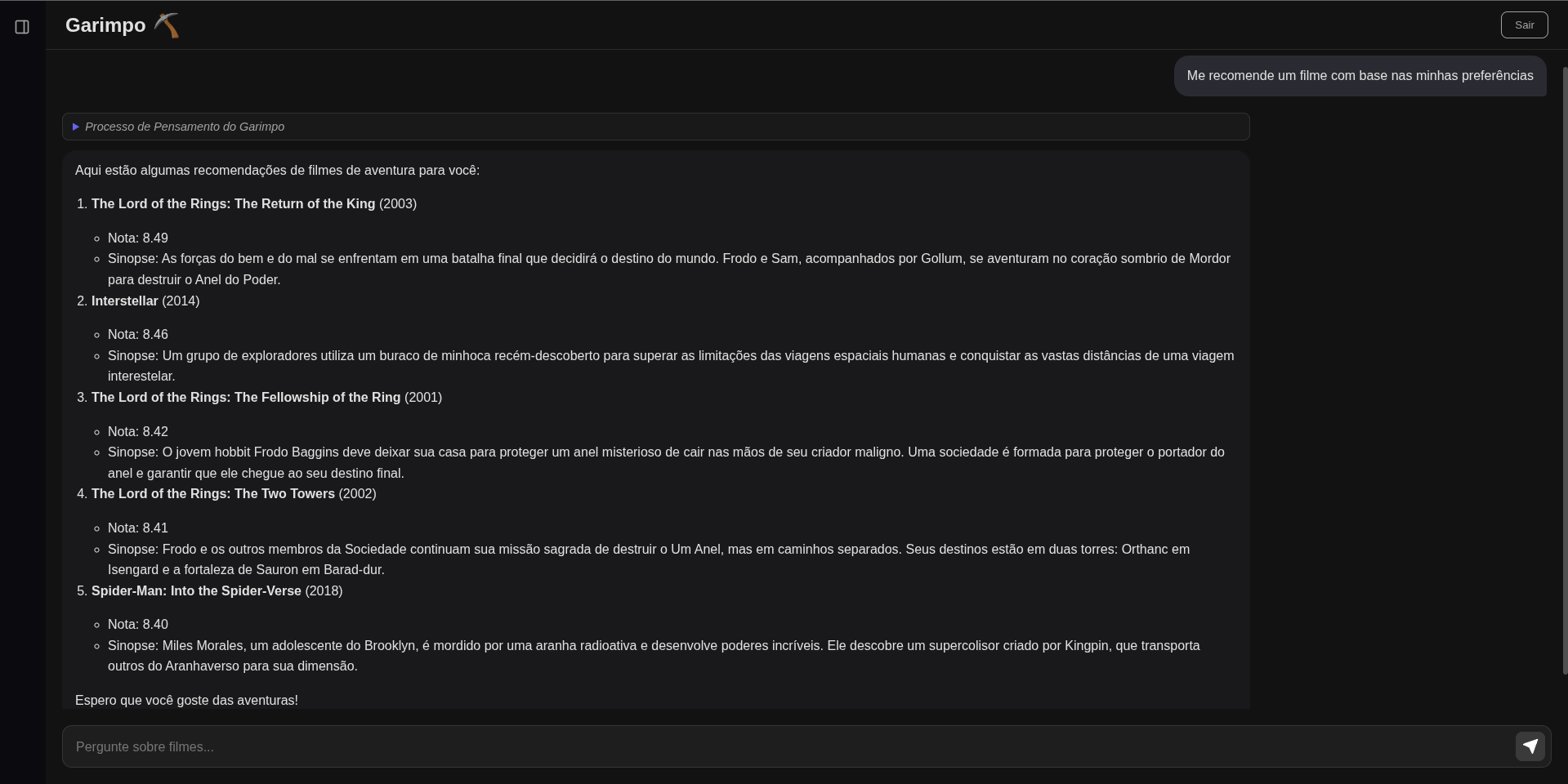 Tela Recommendation do Garimpo